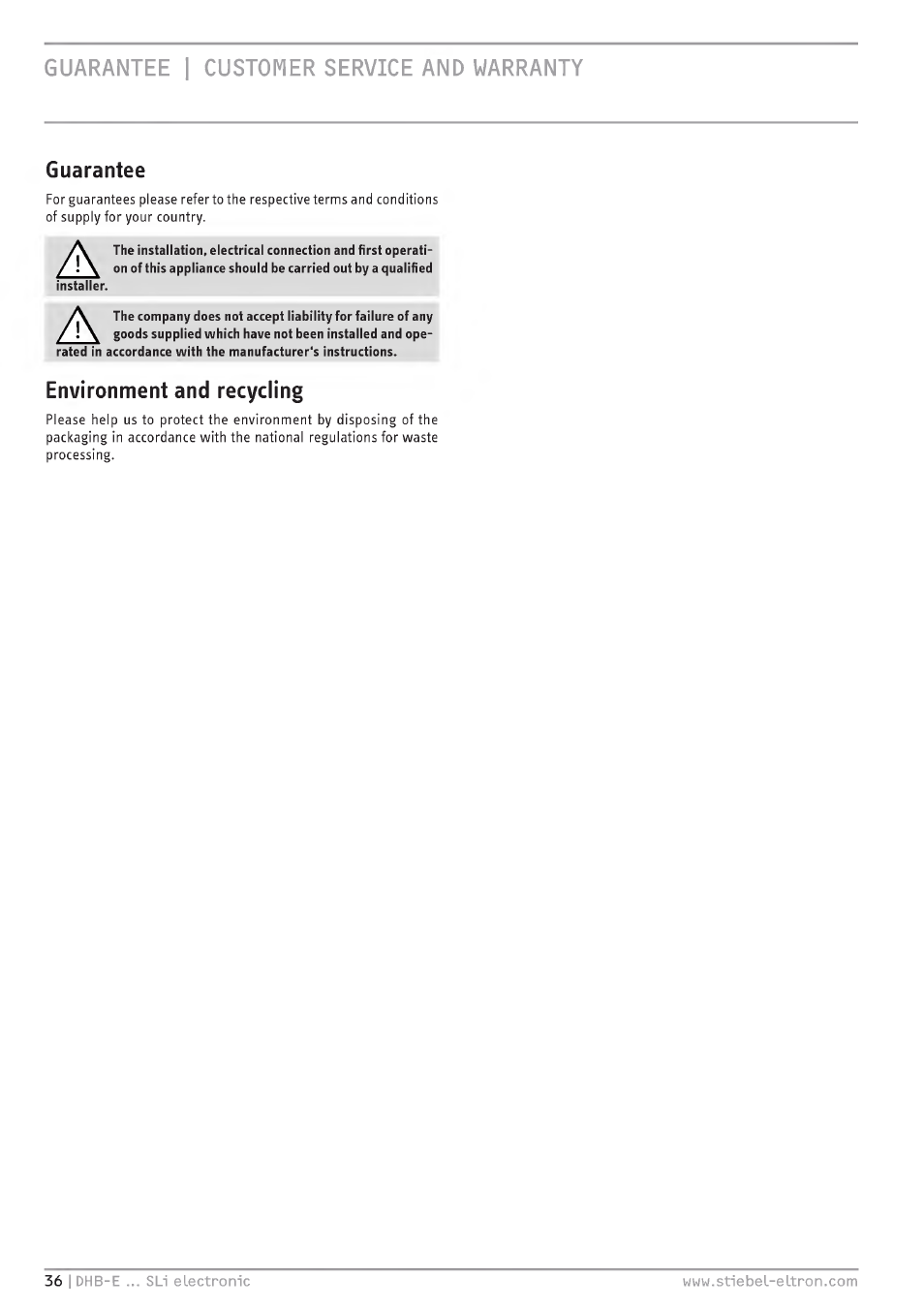 Guarantee, Environment and recycling | STIEBEL ELTRON DHB-E 13 SL User Manual | Page 36 / 168