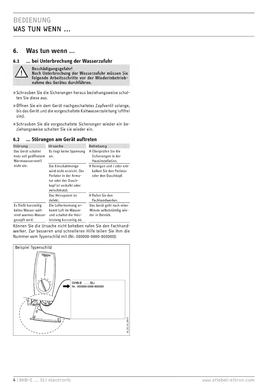 Bedienung was tun wenn, Was tun wenn, 1 ... bei unterbrechung der wasserzufuhr | 2 ... störungen am gerät aufireten, Bedienung was tun wenn 6. was tun wenn | STIEBEL ELTRON DHB-E 13 SL User Manual | Page 4 / 168