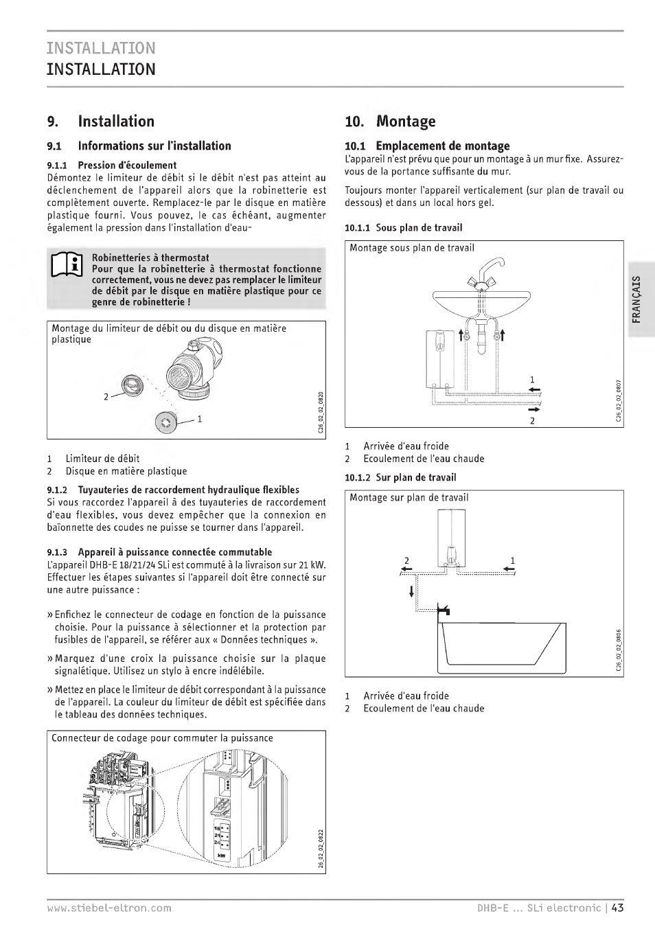 Installation, 1 informations sur tinstaliaiion, Montage | 1 emplacement de montage, Installation installation 9. installation | STIEBEL ELTRON DHB-E 13 SL User Manual | Page 43 / 168