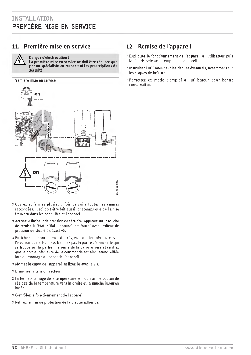 Installation première mise en service, Première mise en service, Remise de l'appareil | STIEBEL ELTRON DHB-E 13 SL User Manual | Page 50 / 168