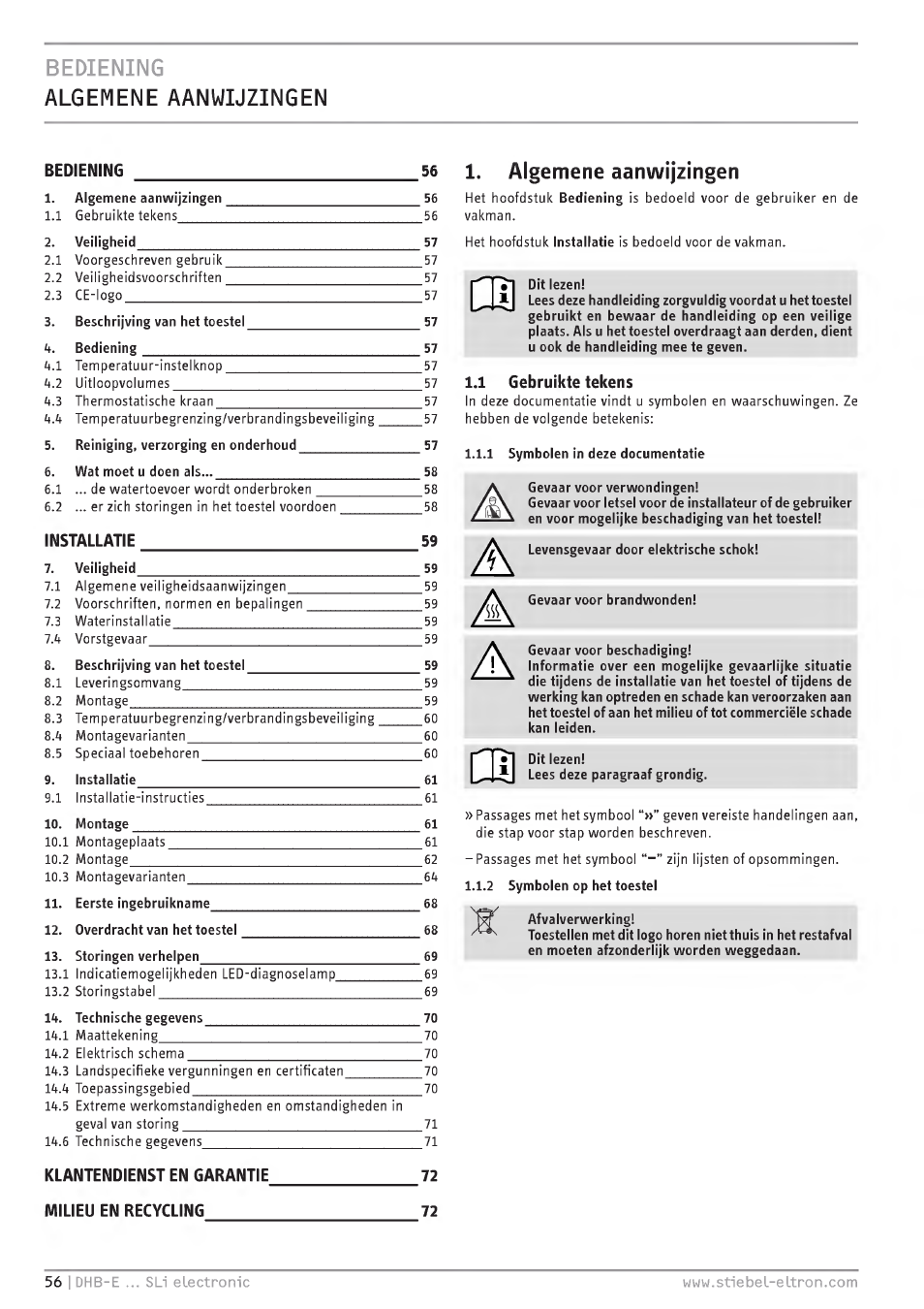 Bediening algemene aanwijzingen, Alge mene aanwijzingen, Bediening | R^'t, Installatie, Klantendienst en garantie, Milieu, Recycling, Gebruikte tekens | STIEBEL ELTRON DHB-E 13 SL User Manual | Page 56 / 168