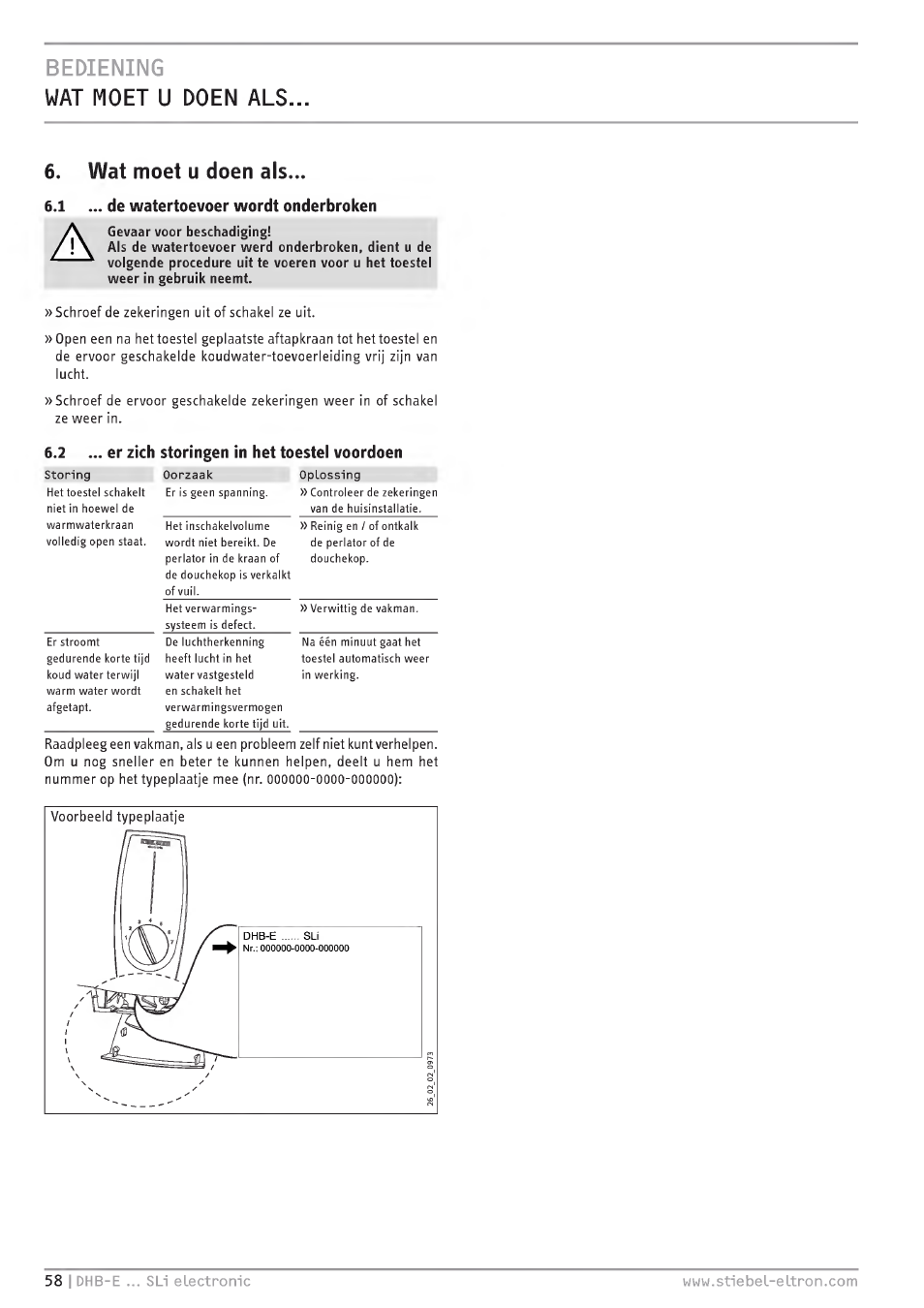 Bediening, Wat моет u doen als, Wat moet u doen als | 1 ... de watertoevoer wordt onderbroken, Ze weer in, 2 ... er zieh storingen in het toestel voordoen, Storing | STIEBEL ELTRON DHB-E 13 SL User Manual | Page 58 / 168