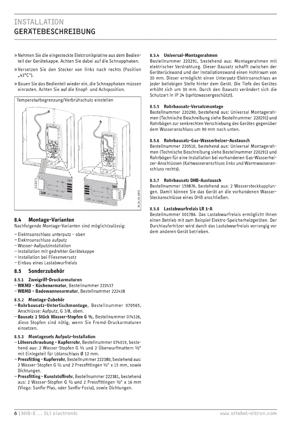 Installation, Gerätebeschreibung, Sm montage-varianten | 5 sonderzubehör, Installation gerätebeschreibung | STIEBEL ELTRON DHB-E 13 SL User Manual | Page 6 / 168