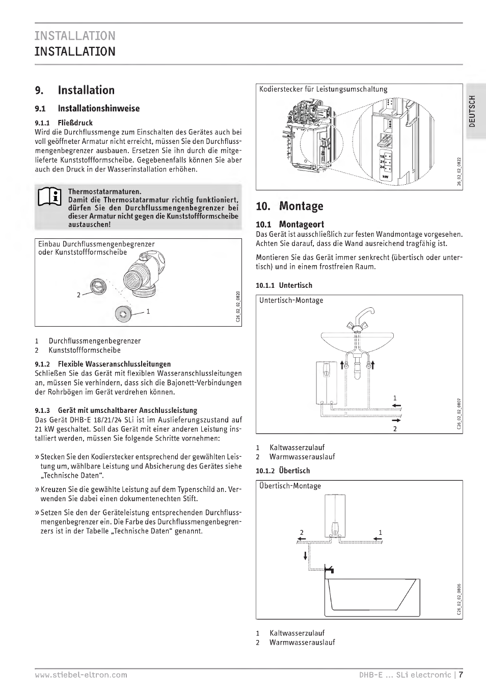 Installation, 1 insiallaiionshinweise, Montage | 1 montageorl, Installation installation 9. installation | STIEBEL ELTRON DHB-E 13 SL User Manual | Page 7 / 168