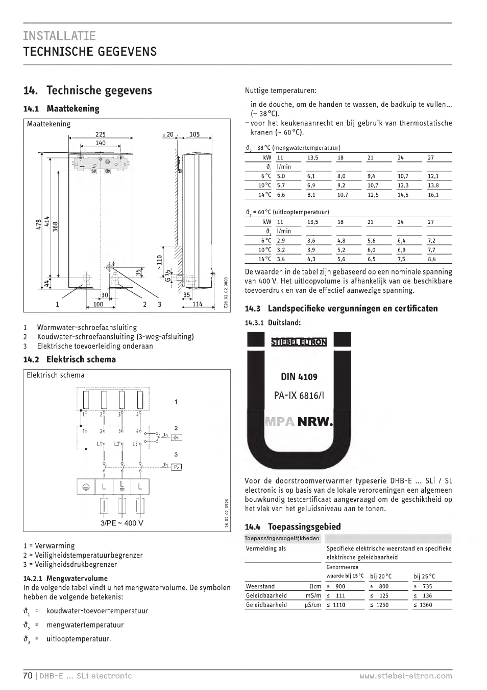 Install atie technische 6 eg evens, Technische gegevens, L<».3 landspecifieke vergunningen en certificaten | Maattekening, Toepassingsgebied, Tk.2 elektrisch schema, Snebeleltron, Ld.3.1 duitsland | STIEBEL ELTRON DHB-E 13 SL User Manual | Page 70 / 168