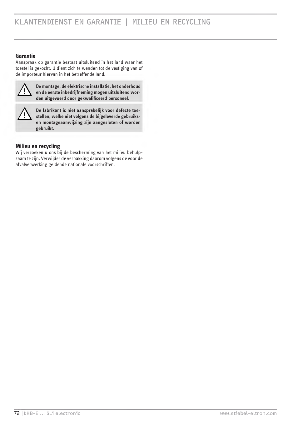Klantendienst en garantie i milieu en recycling | STIEBEL ELTRON DHB-E 13 SL User Manual | Page 72 / 168