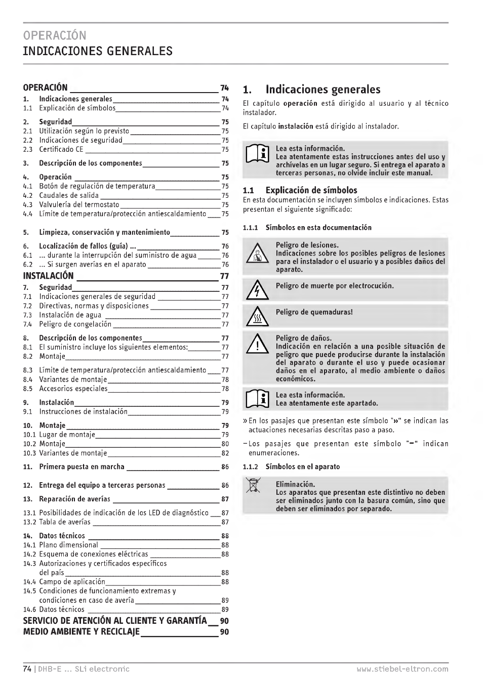 Operación indicaciones generales, Indicaciones generales, Operación | 1 explicación, Símbolos, Instalación, Dhb-e | STIEBEL ELTRON DHB-E 13 SL User Manual | Page 74 / 168