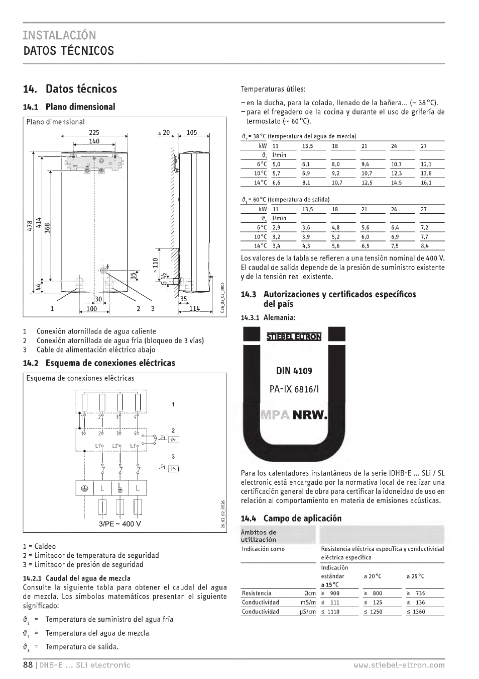 Datos técnicos, 1 plano dimensional, 3 autorizaciones y certificados específicos | Del país, 4 campo de aplicación, Instalación datos técnicos datos técnicos, Esquema de conexiones eléctricas, Tk.2, Snaa-eitron | STIEBEL ELTRON DHB-E 13 SL User Manual | Page 88 / 168
