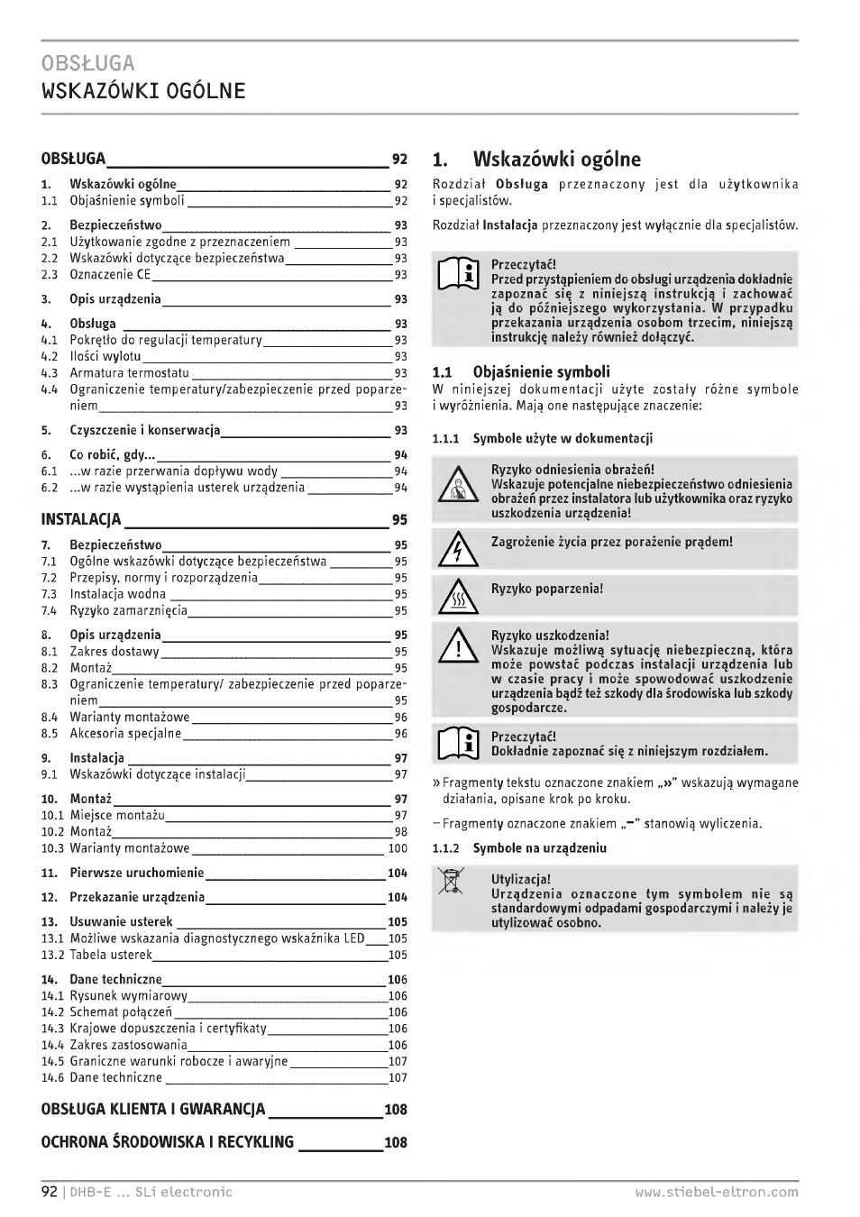 Obsluga wskazówkiogólne, Wskazôwki ogôlne, Ob|a$nienie symboli | STIEBEL ELTRON DHB-E 13 SL User Manual | Page 92 / 168