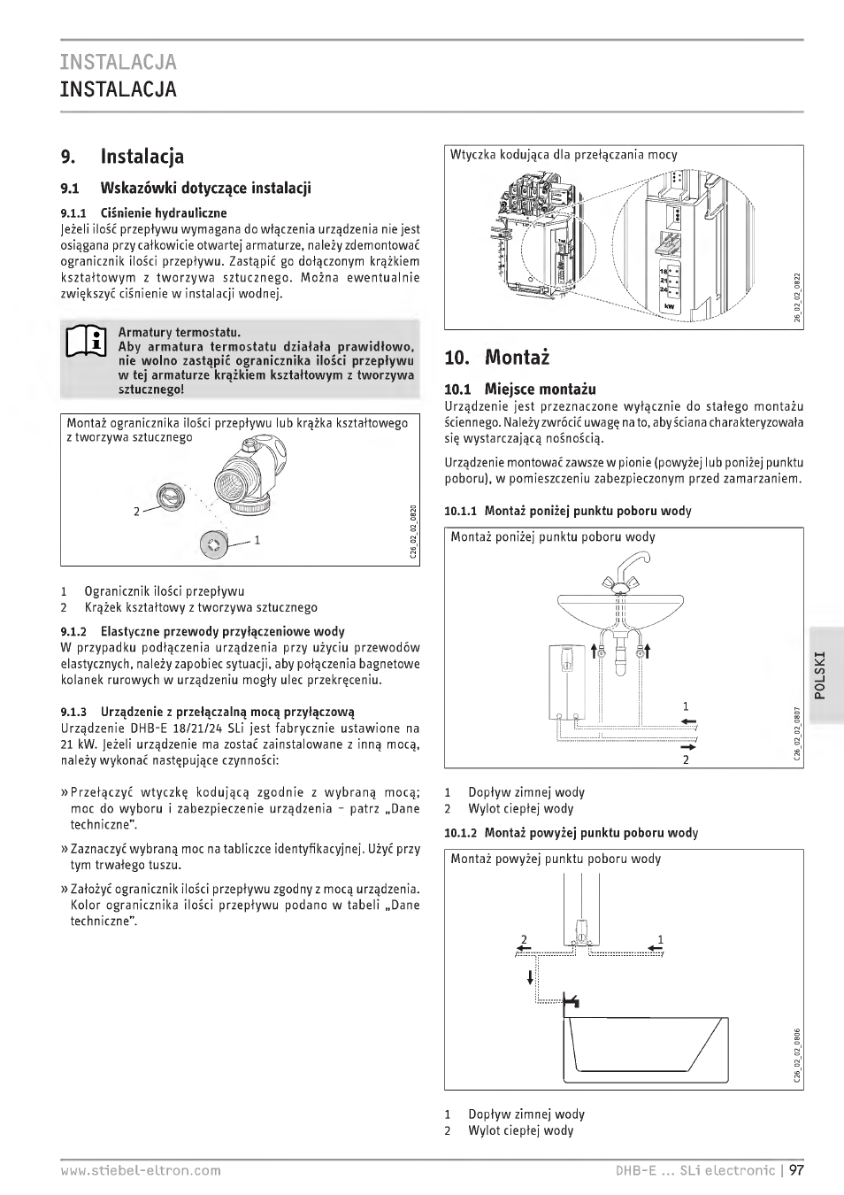 Instalacja, 1 wskazówki dotycz^ce instalacji, Io. montai | 1 miejsce montazu, Instalacja instalacja 9. instalacja, Montai | STIEBEL ELTRON DHB-E 13 SL User Manual | Page 97 / 168