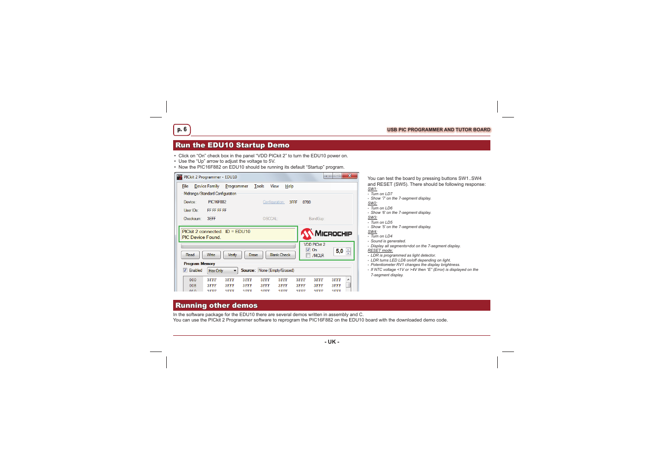 Run the edu10 startup demo, Running other demos | Velleman projects EDU10 Assembly instructions User Manual | Page 6 / 24