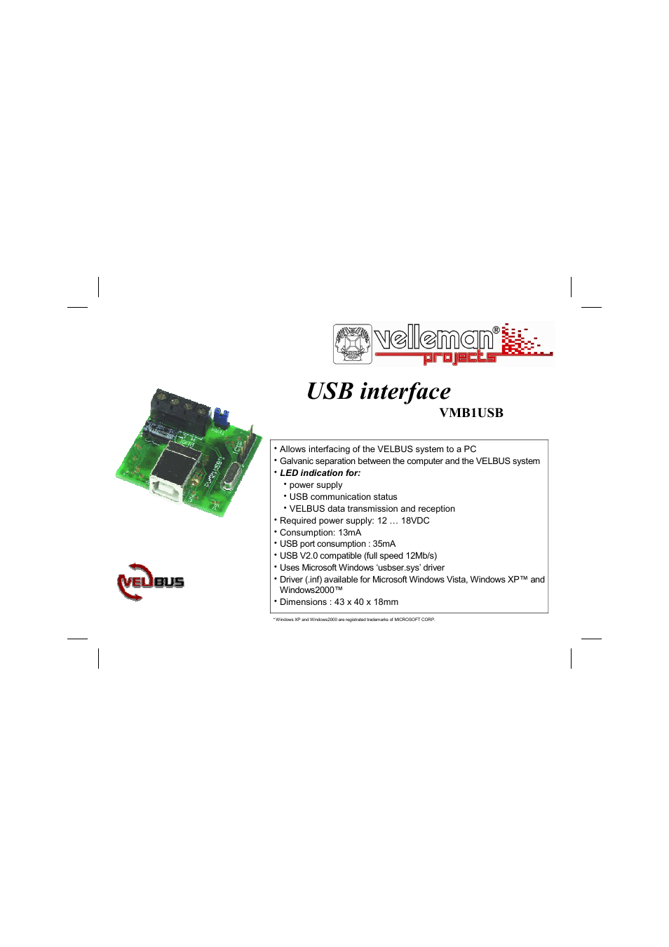 Velleman projects VMB1USB Short user manual User Manual | 16 pages
