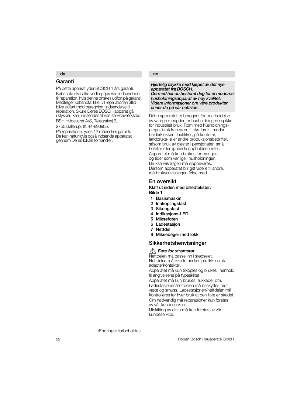 En oversikt, Sikkerhetshenvisninger, Garanti | Bosch MSM 6 A 37 User Manual | Page 22 / 74