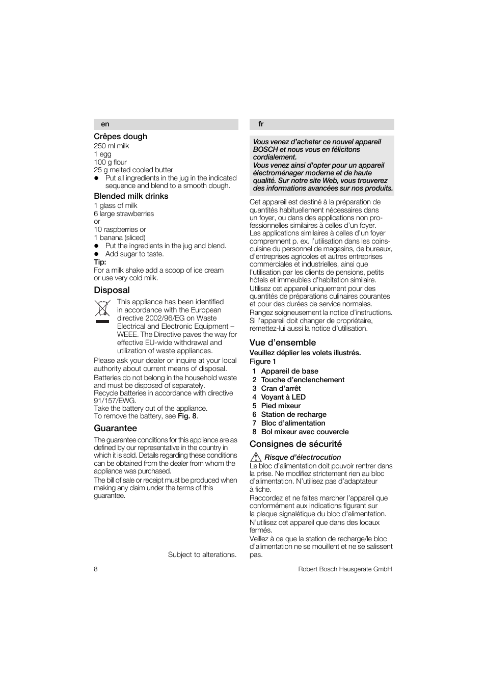 Crêpes dough, Blended milk drinks, Disposal | Guarantee, Vue d’ensemble, Consignes de sécurité | Bosch MSM 6 A 37 User Manual | Page 8 / 74