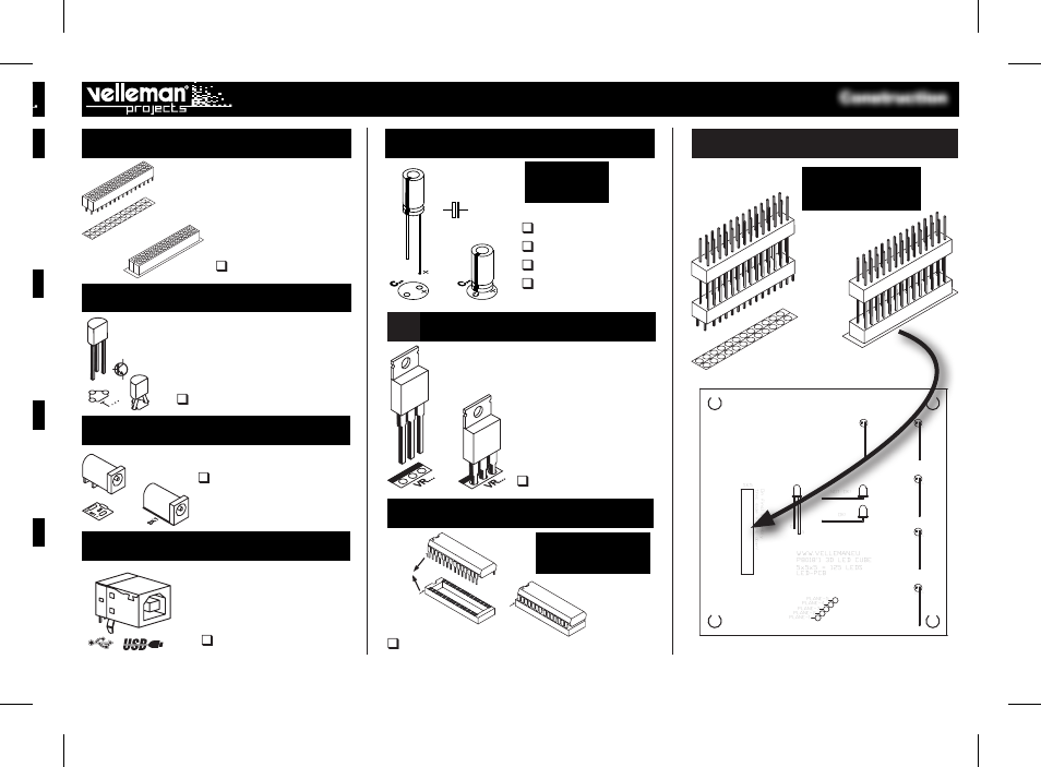 Ic socket, Push buttons, Ceramic capacitors | Female header, Transistors, Dc-jack, Usb connector, Electrolytic capacitors, P8018 - bottom, Voltage regulator | Velleman projects K8018B Assembly instructions User Manual | Page 8 / 16