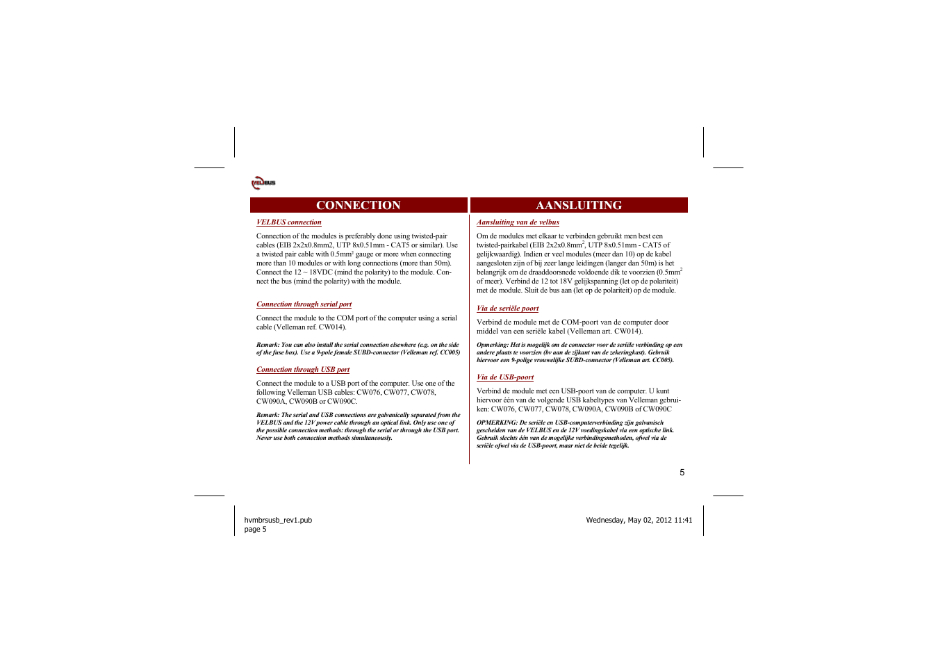 Connection, Connection aansluiting aansluiting aansluiting | Velleman projects VMBRSUSB Short user manual User Manual | Page 5 / 12
