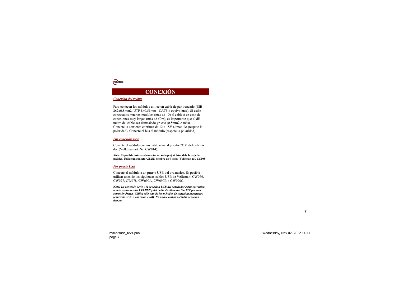 Conexión | Velleman projects VMBRSUSB Short user manual User Manual | Page 7 / 12