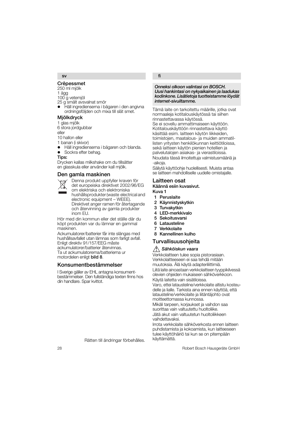 Crépessmet, Mjölkdryck, Den gamia maskinen | Konsumentbestämmelser, Laitteen osât, Turvaiiisuusohjeita | Bosch MSM 6 A 85 User Manual | Page 28 / 74