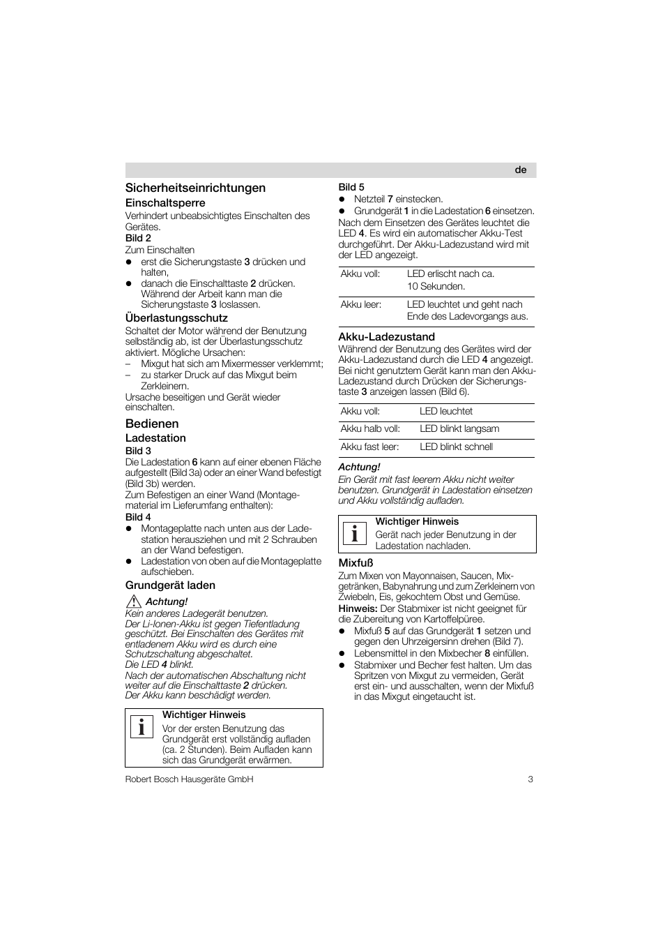 Sicherheitseinrichtungen, Einschaltsperre, Überlastungsschutz | Bedienen ladestation bild 3, Grundgerät laden /t\ achtung, Akku-ladezustand, Mixfuß | Bosch MSM 6 A 85 User Manual | Page 3 / 74