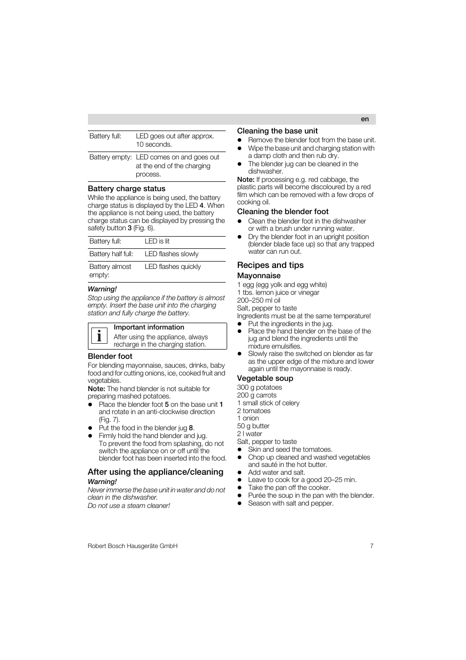 Battery charge status, Blender foot, After using the appliance/cleaning | Cleaning the base unit, Cleaning the blender foot, Recipes and tips, Mayonnaise, Vegetable soup | Bosch MSM 6 A 85 User Manual | Page 7 / 74