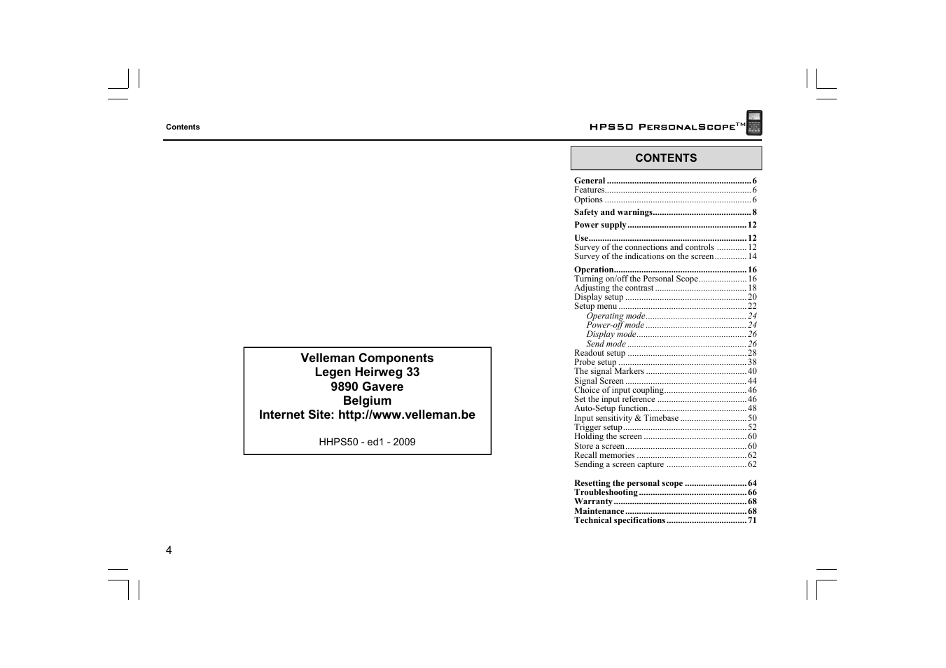 Velleman HPS50 User Manual | Page 4 / 72