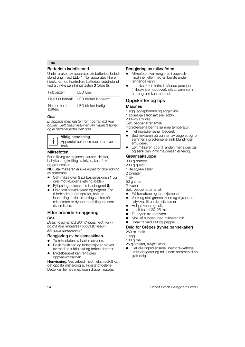 Etter arbeidet/rengjoring, Oppskrifter og tips | Bosch MSM 6 A 65 User Manual | Page 24 / 74