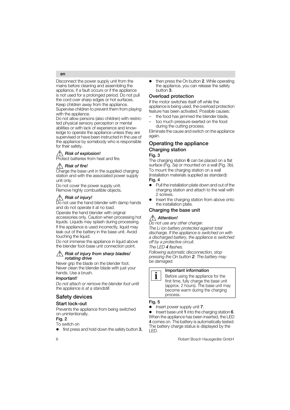 Safety devices, Start lock-out, Overload protection | Operating the appliance charging station fig. 3, Charging the base unit, Operating the appliance | Bosch MSM 6 A 65 User Manual | Page 6 / 74
