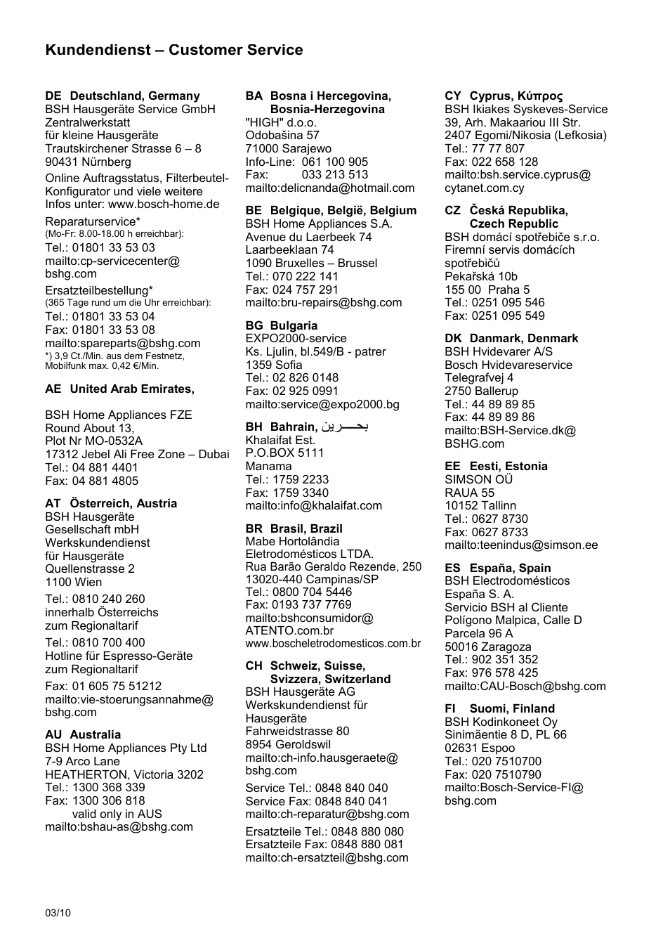 Kundendienst - customer service | Bosch MSM 6 A 65 User Manual | Page 69 / 74