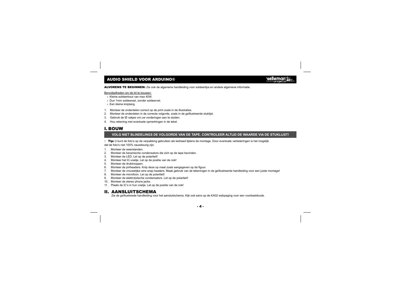 I. bouw, Ii. aansluitschema | Velleman Кa02 User Manual | Page 4 / 12