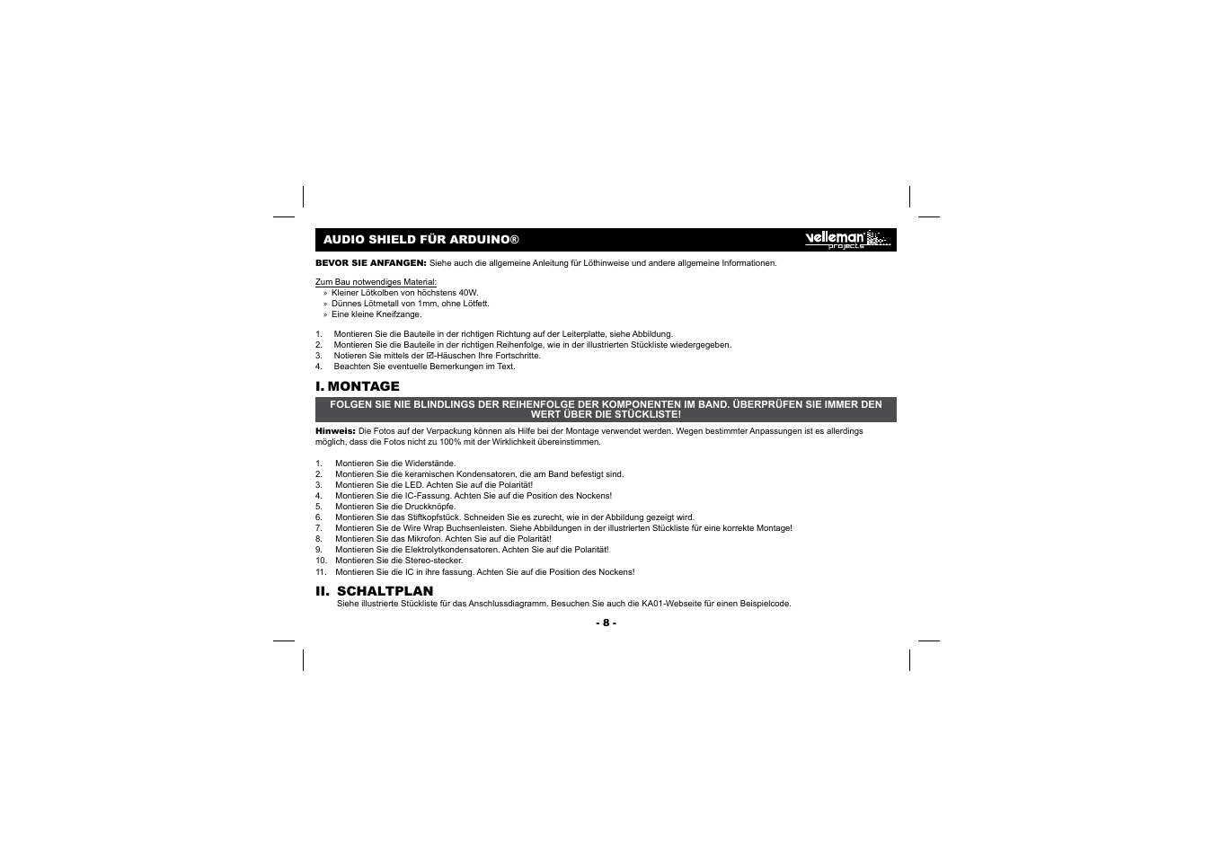 I. montage, Ii. schaltplan | Velleman Кa02 User Manual | Page 8 / 12