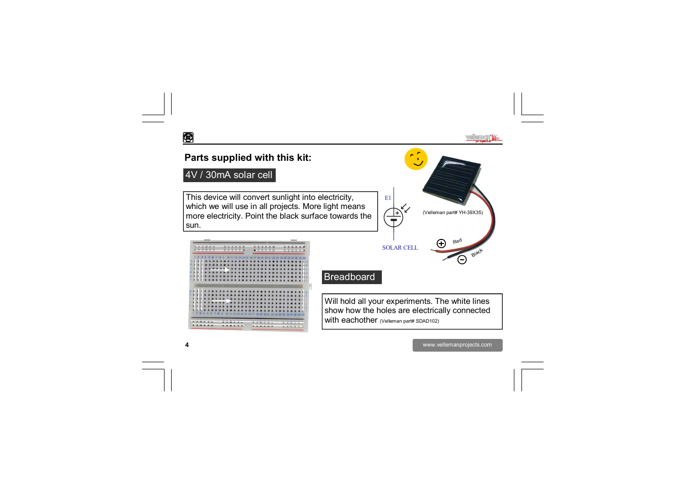 Parts supplied with this kit: 4v / 30ma solar cell, Breadboard | Velleman EDU02 User Manual | Page 4 / 28