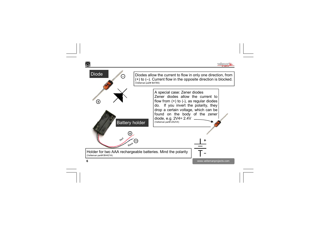 Diode, Battery holder | Velleman EDU02 User Manual | Page 6 / 28