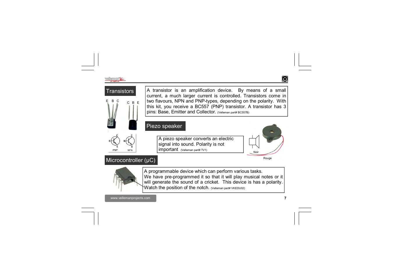 Piezo speaker, Microcontroller (µc), Transistors | Velleman EDU02 User Manual | Page 7 / 28