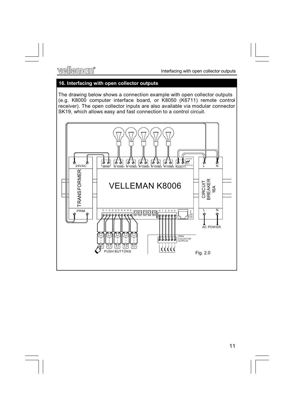 Velleman k8006, Ci rcui t breaker 16 a, Interfacing with open collector outputs fig. 2.0 | Velleman projects K8006 Assembly instructions User Manual | Page 11 / 16