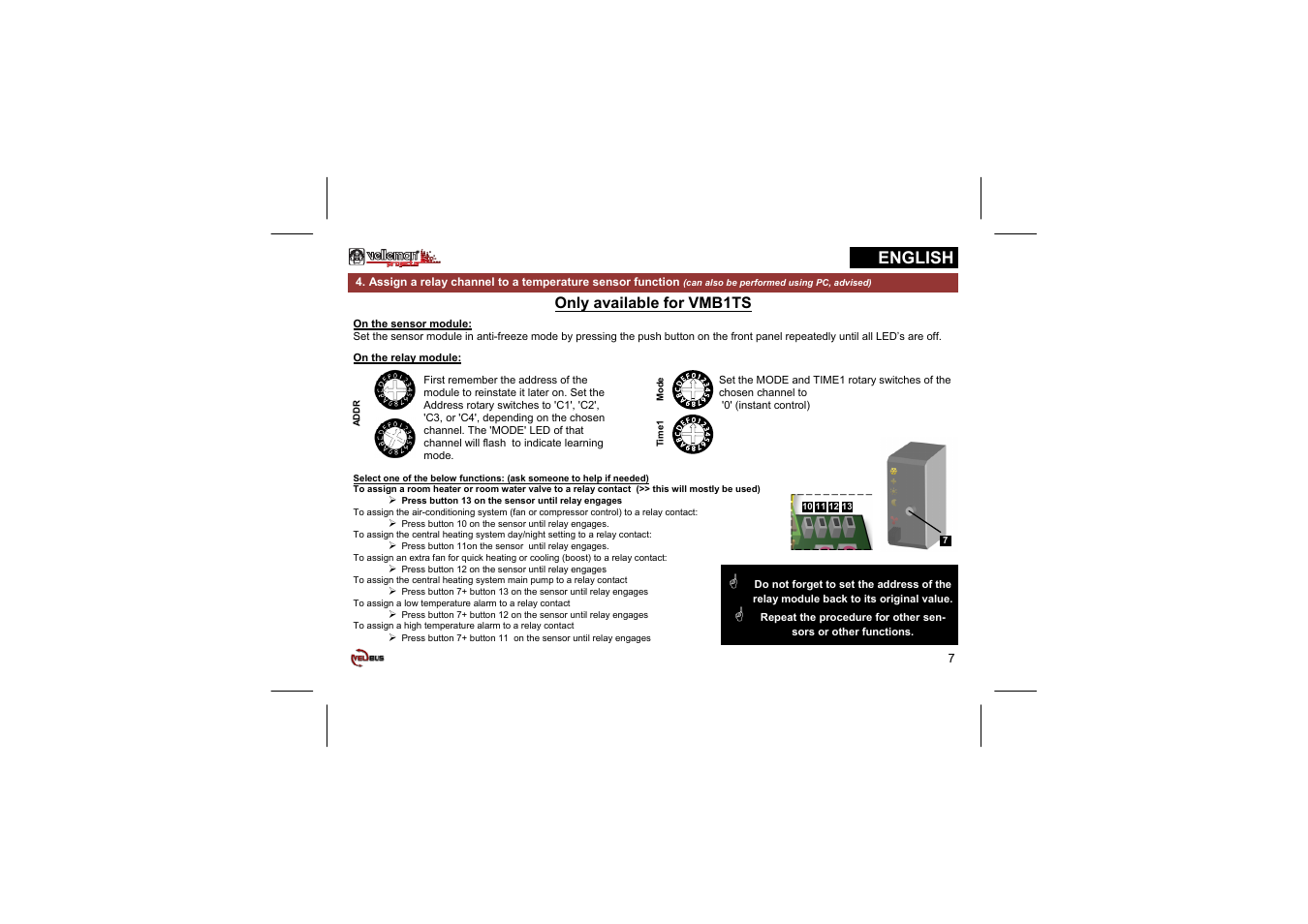 English, Only available for vmb1ts | Velleman projects VMB1TC Short user manual User Manual | Page 7 / 24