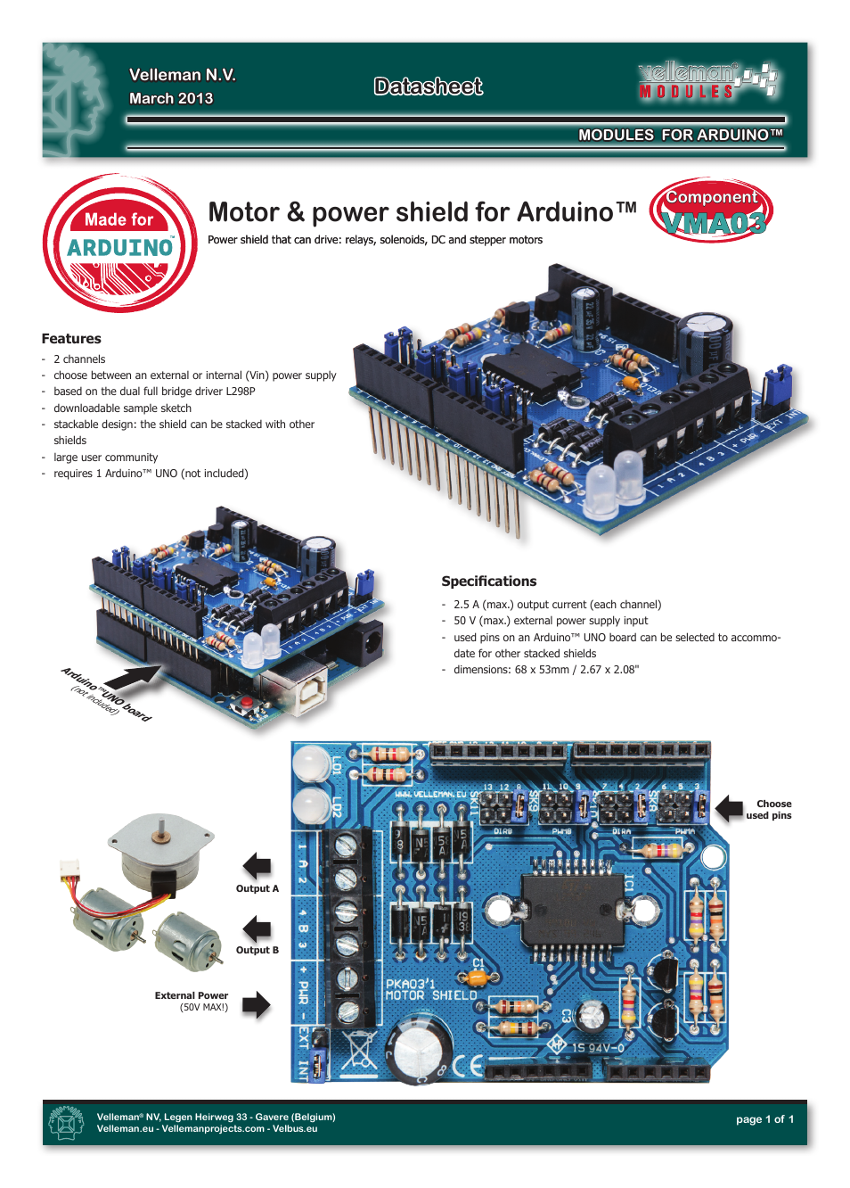 Velleman projects VMA03 Datasheet User Manual | 1 page