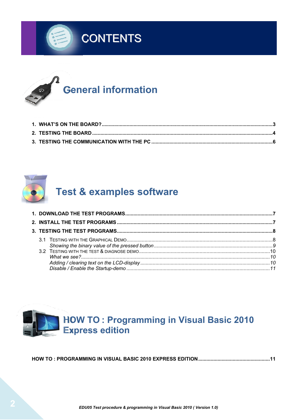 General information, Test & examples software, How to | Programming in visual basic 2010 express edition | Velleman projects EDU05 Assembly instructions User Manual | Page 2 / 15