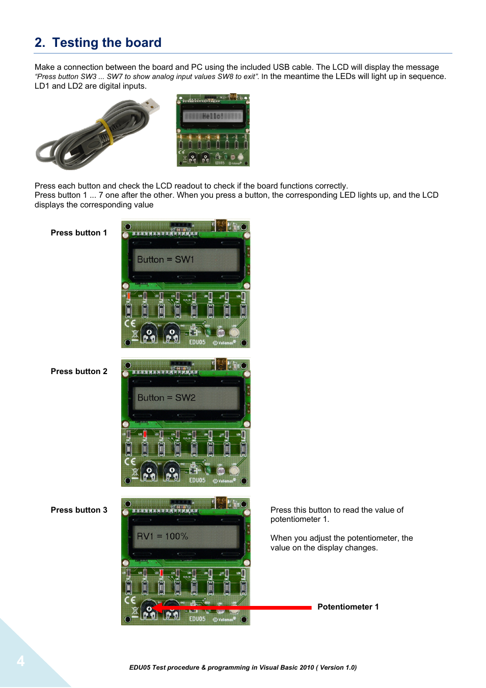 Testing the board | Velleman projects EDU05 Assembly instructions User Manual | Page 4 / 15
