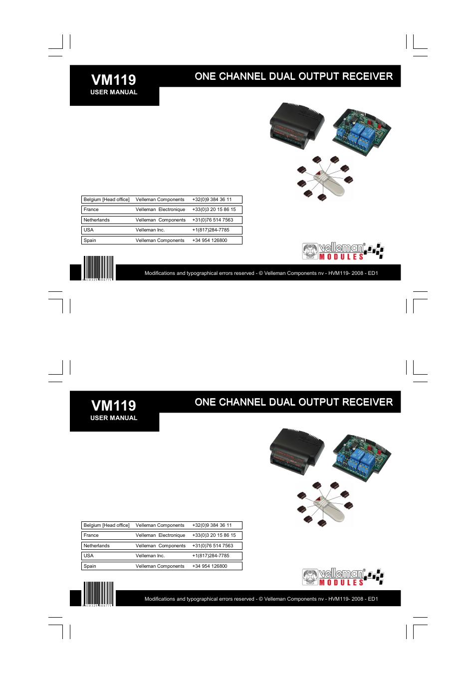 Vm119, One channel dual output receiver | Velleman VM119 User Manual | Page 32 / 32