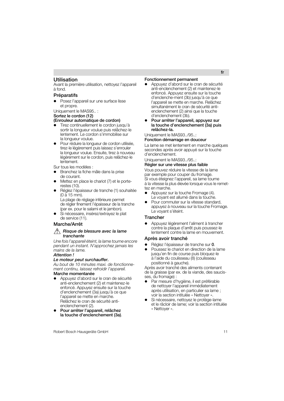 Utilisation, Préparatifs, Marche/arrêt | Fonctionnement permanent, Trancher, Après avoir tranché | Bosch MAS 95 W 1 User Manual | Page 11 / 83