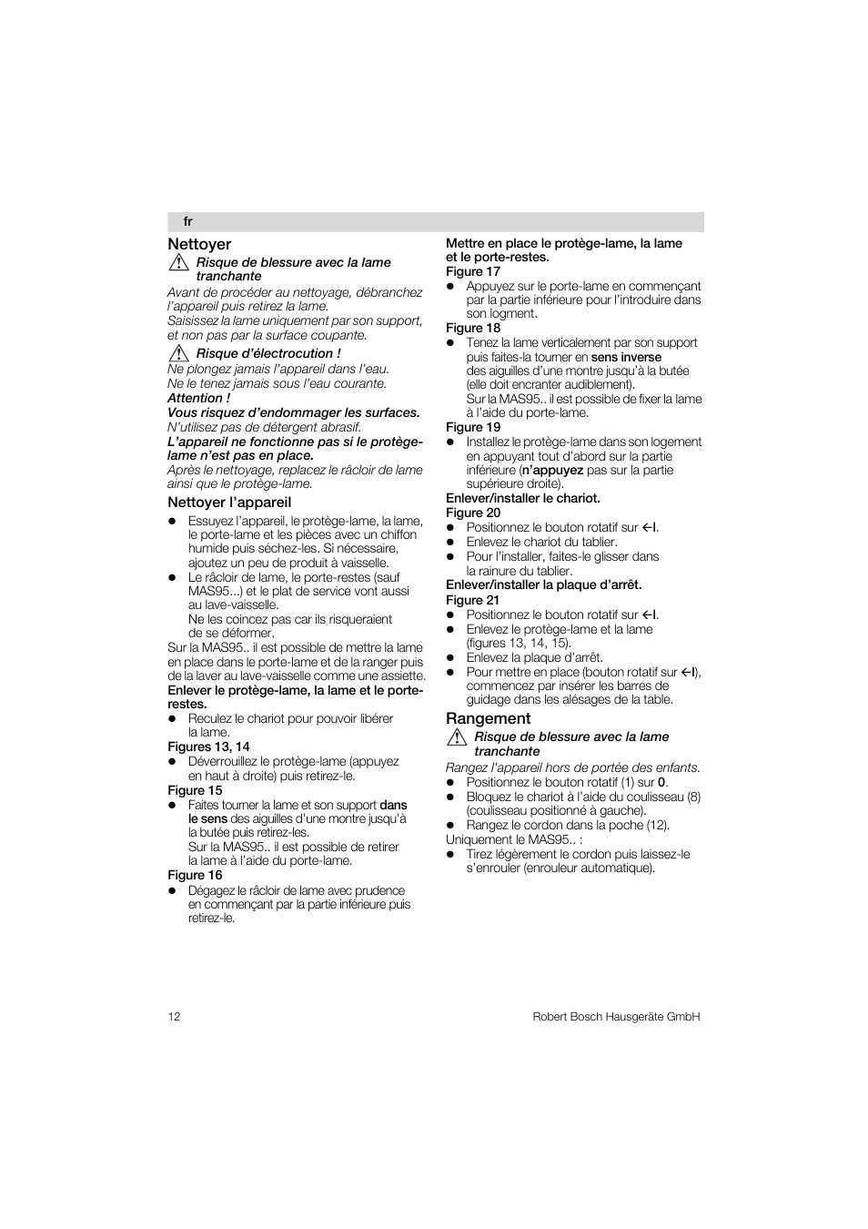 Nettoyer, Nettoyer l’appareil, Mettre en place le protège-lame, la lame | Rangement | Bosch MAS 95 W 1 User Manual | Page 12 / 83