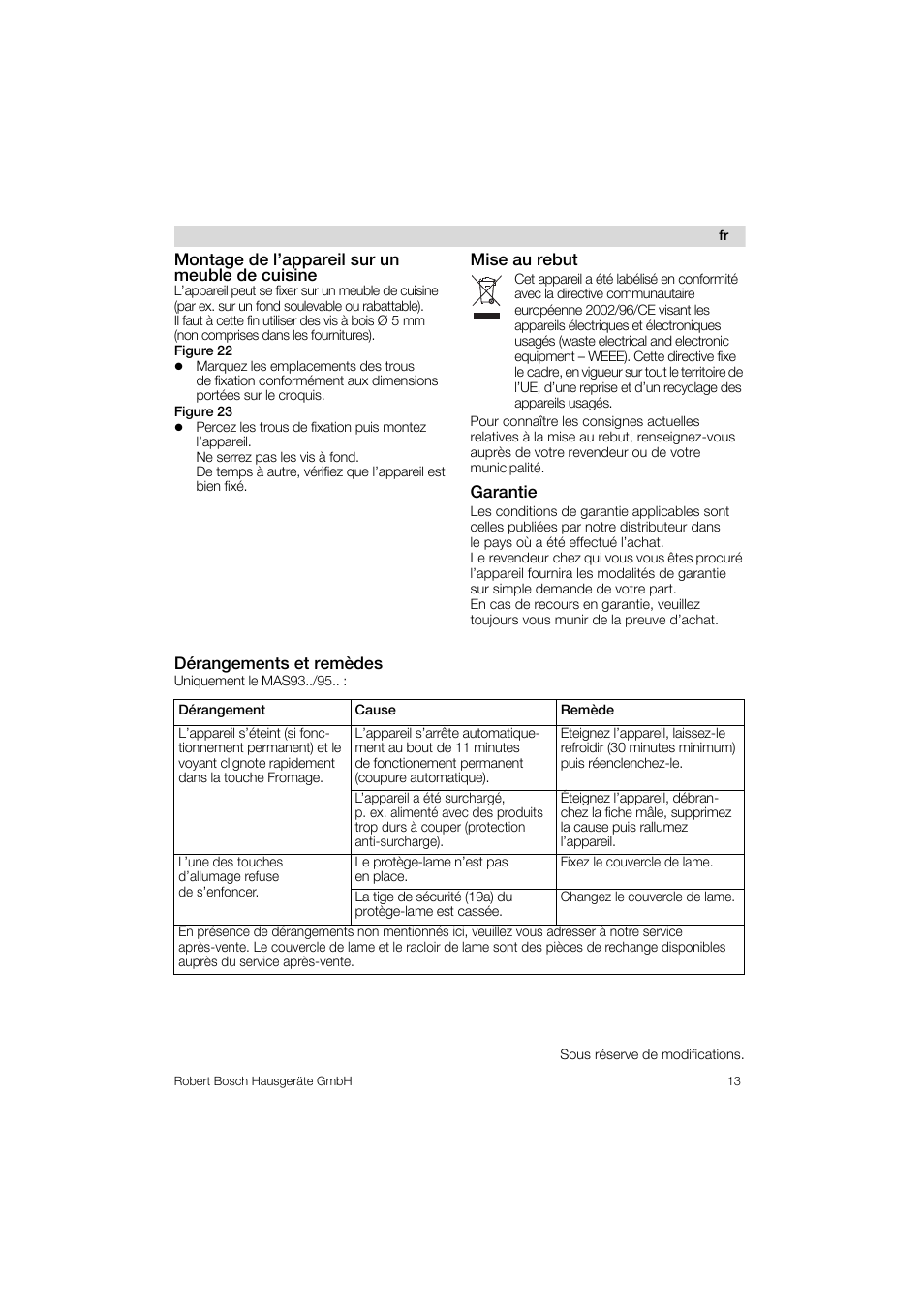 Montage de l’appareil sur un meuble de cuisine, Mise au rebut, Garantie | Dérangements et remèdes | Bosch MAS 95 W 1 User Manual | Page 13 / 83