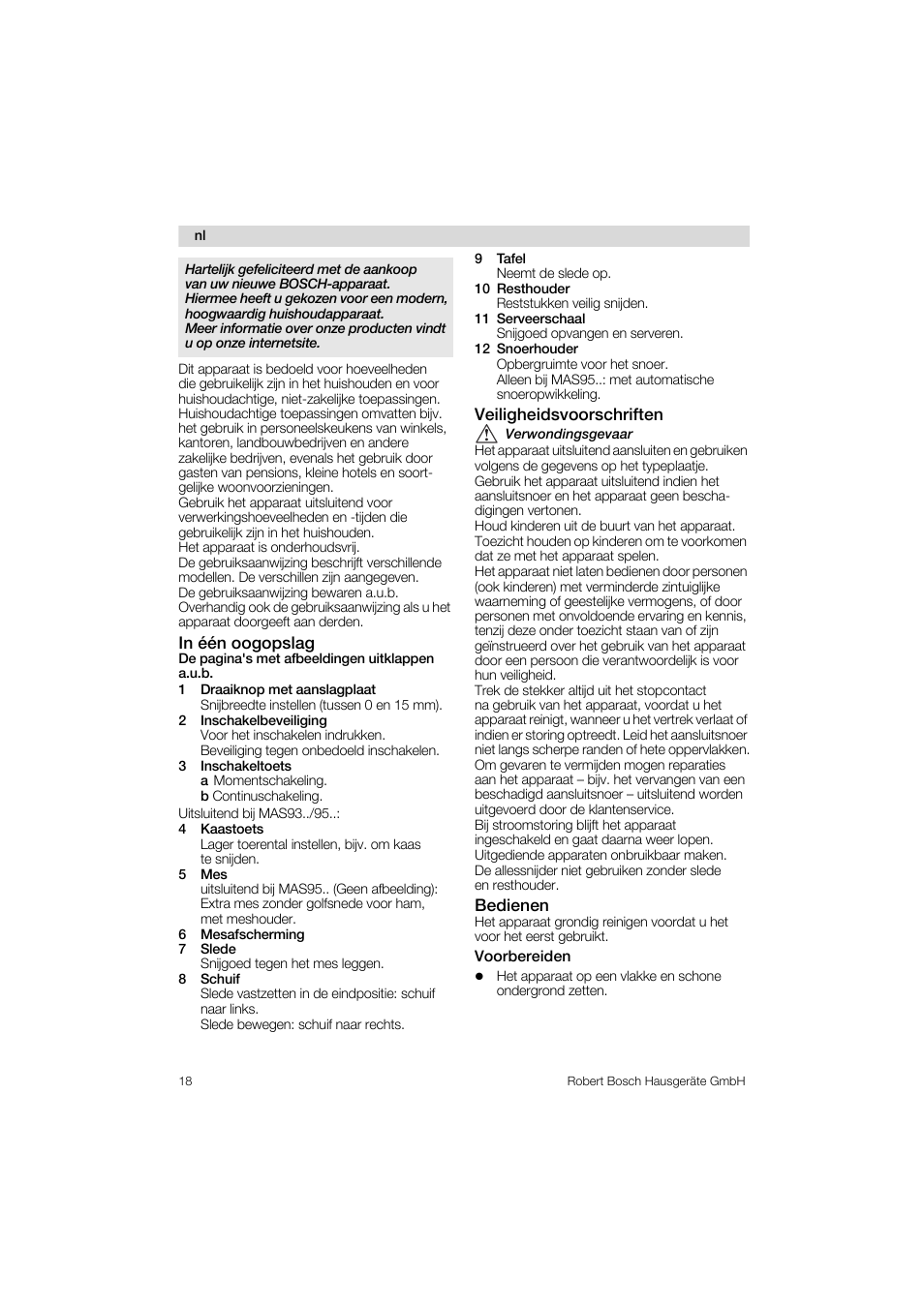 In één oogopslag, 1 draaiknop met aanslagplaat, 2 inschakelbeveiliging | 3 inschakeltoets, 4 kaastoets, 5 mes, 6 mesafscherming, 7 slede, 8 schuif, 9 tafel | Bosch MAS 95 W 1 User Manual | Page 18 / 83