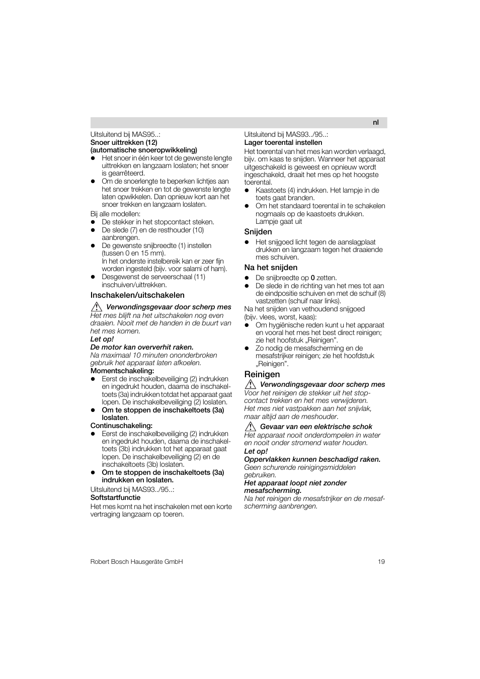 Inschakelen/uitschakelen, Snijden, Na het snijden | Reinigen | Bosch MAS 95 W 1 User Manual | Page 19 / 83