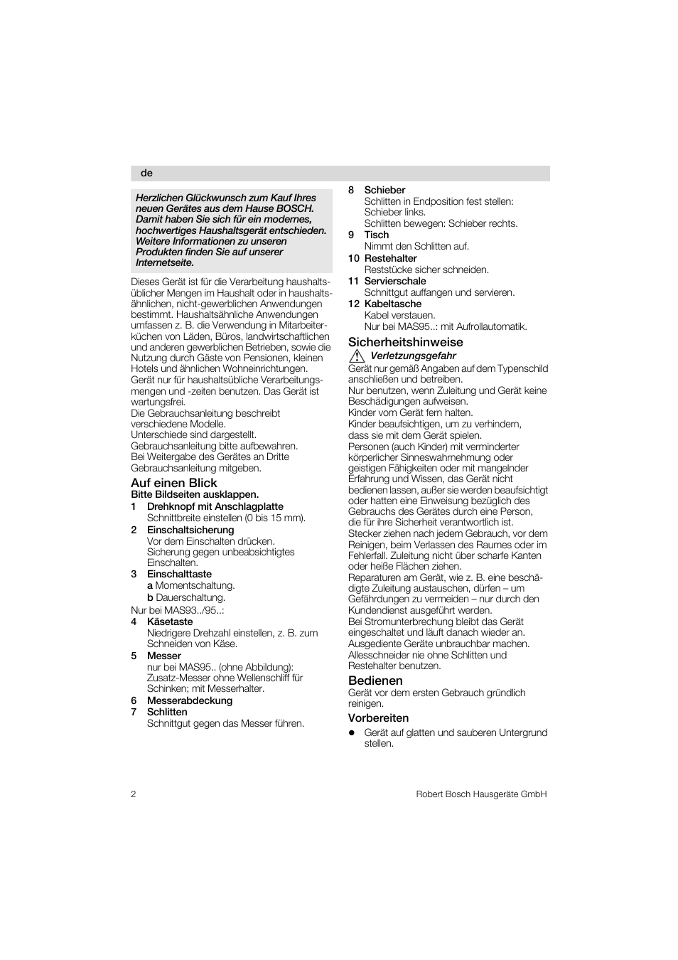 Auf einen blick, 1 drehknopf mit anschlagplatte, 2 einschaltsicherung | 3 einschalttaste, 4 käsetaste, 5 messer, 6 messerabdeckung, 7 schlitten, 8 schieber, 9 tisch | Bosch MAS 95 W 1 User Manual | Page 2 / 83