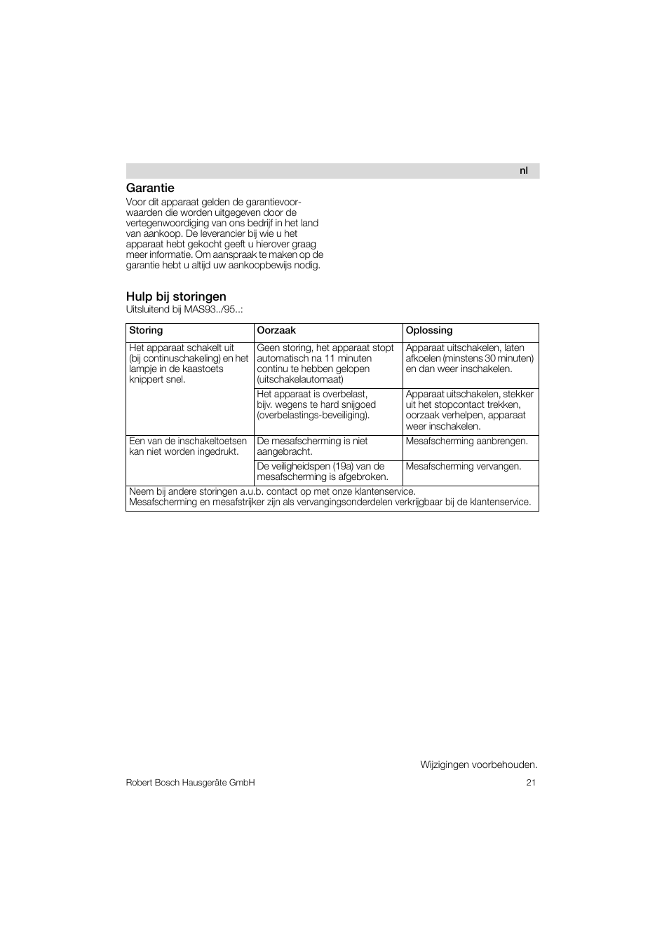 Garantie, Hulp bij storingen | Bosch MAS 95 W 1 User Manual | Page 21 / 83