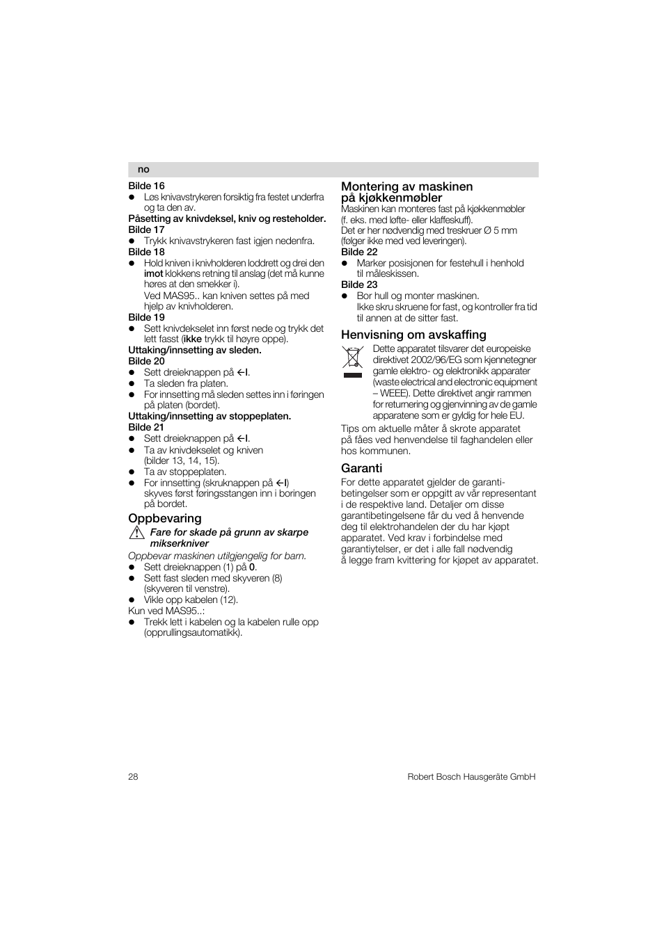 Bilde 16, Oppbevaring, Montering av maskinen pà kjekkenmebler | Henvisning om avskaffing, Garanti | Bosch MAS 95 W 1 User Manual | Page 28 / 83