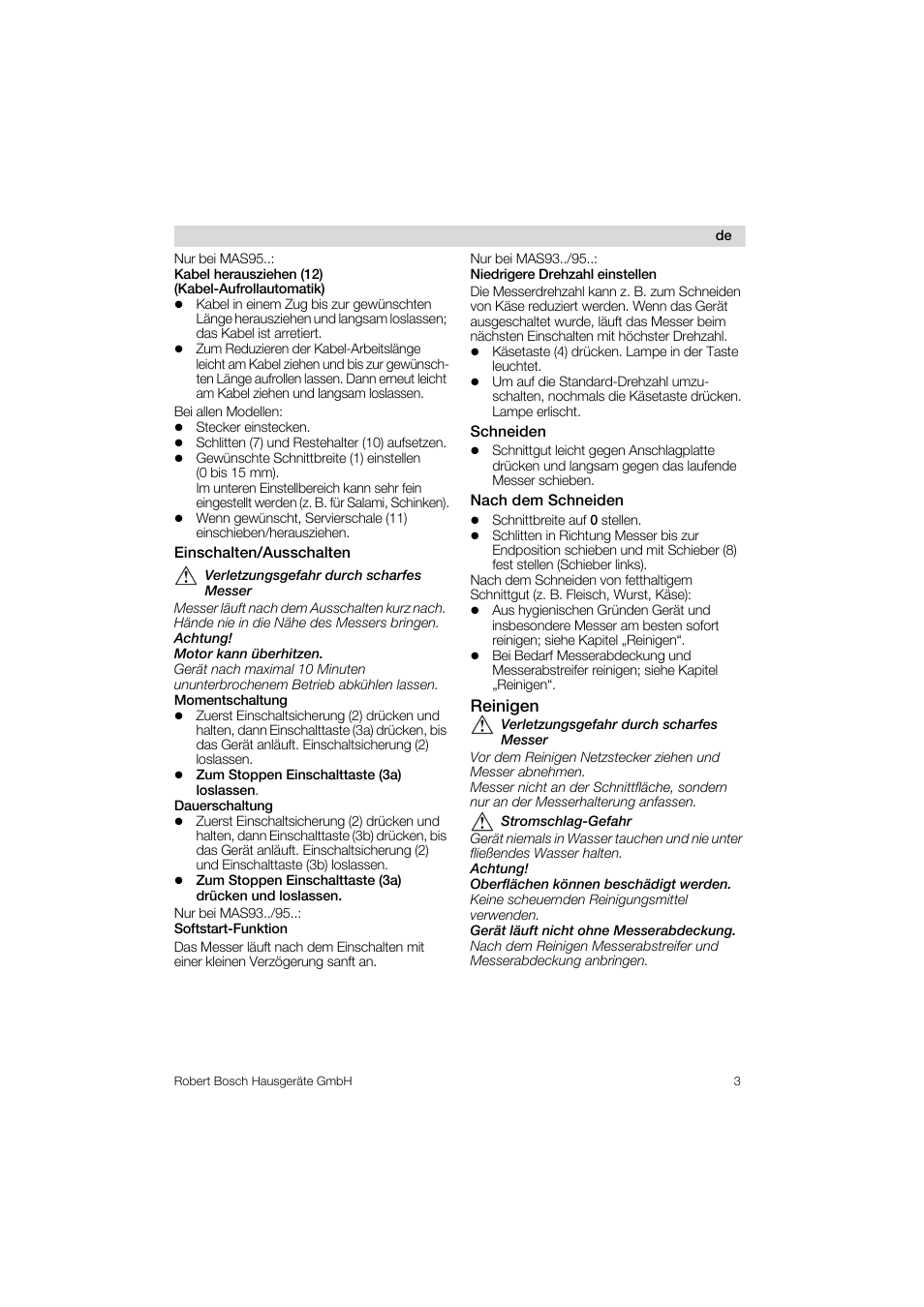 Einschalten/ausschalten, Schneiden, Nach dem schneiden | Reinigen | Bosch MAS 95 W 1 User Manual | Page 3 / 83