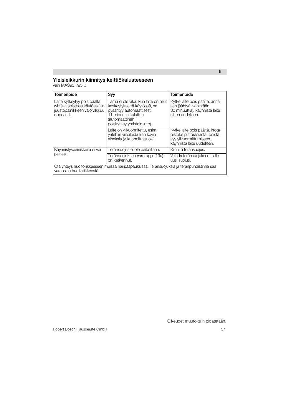 Yieisleikkurin kiinnitys keittiökalusteeseen | Bosch MAS 95 W 1 User Manual | Page 37 / 83