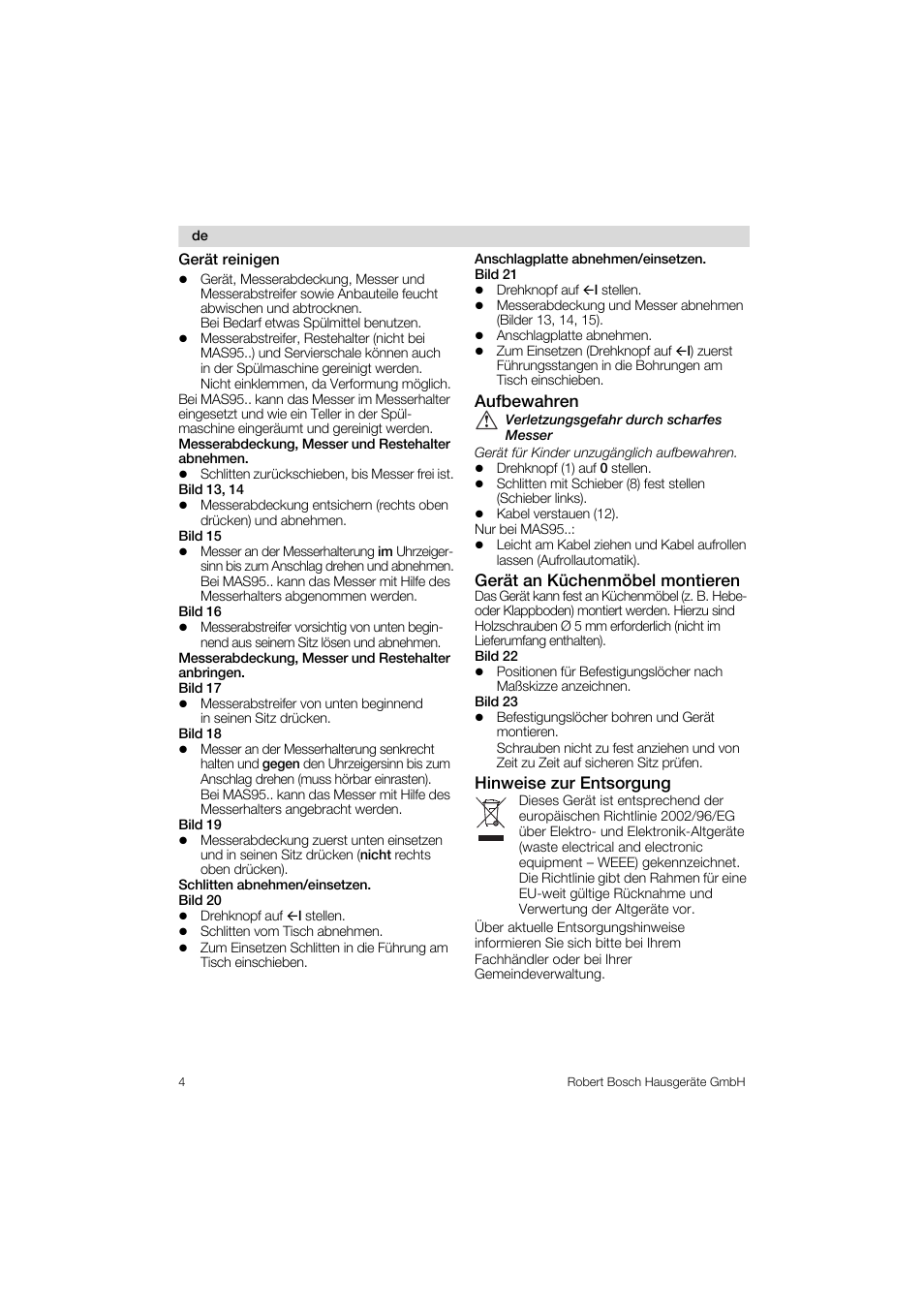 Gerät reinigen, Anschlagplatte abnehmen/einsetzen, Aufbewahren | Gerät an küchenmöbel montieren, Hinweise zur entsorgung | Bosch MAS 95 W 1 User Manual | Page 4 / 83